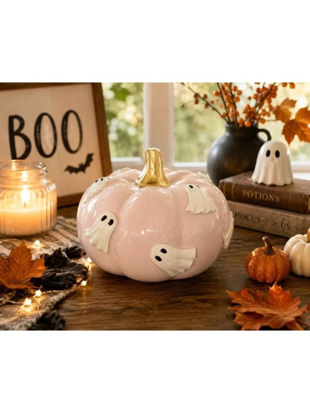 New Opal Pink & White Pumpkin Gold Stem Baby Ghosts Halloween Holiday Decor